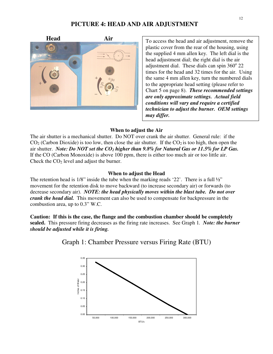 Graph 1: chamber pressure versus firing rate (btu), Picture 4: head and air adjustment head air | HP SU-2A User Manual | Page 12 / 16