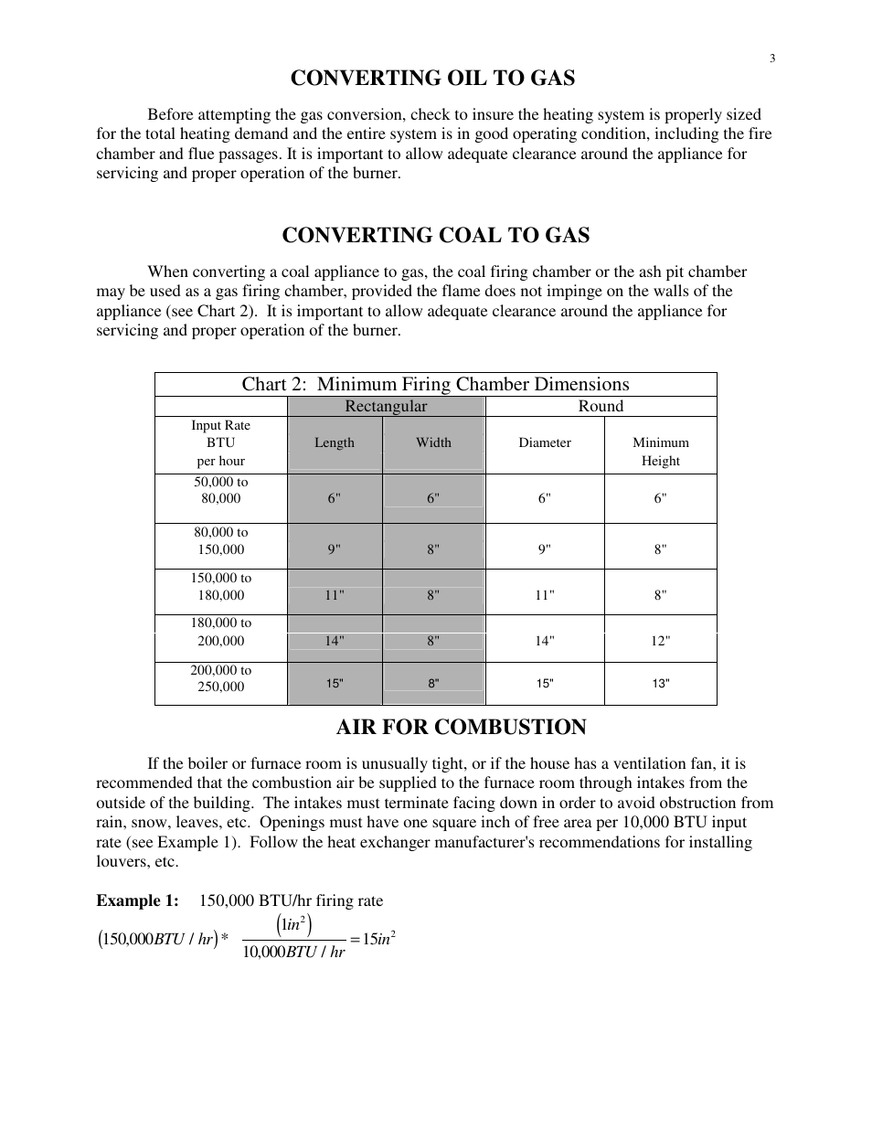 Converting oil to gas, Converting coal to gas, Air for combustion | Chart 2: minimum firing chamber dimensions | HP SU-2A User Manual | Page 3 / 16