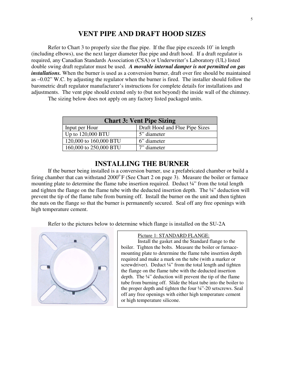 Vent pipe and draft hood sizes, Installing the burner | HP SU-2A User Manual | Page 5 / 16