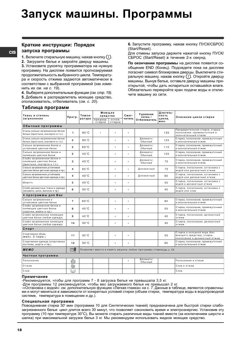 Запуск машины. программы, Таблица программ, Краткие инструкции: порядок запуска программы | Специальная программа | Indesit WISE 107 X User Manual | Page 18 / 60