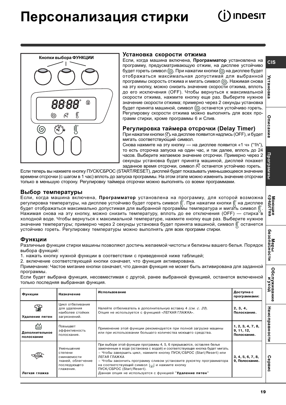 Персонализация стирки, Установка скорости отжима, Регулировка таймера отсрочки (delay timer) | Выбор температуры, Функции | Indesit WISE 107 X User Manual | Page 19 / 60