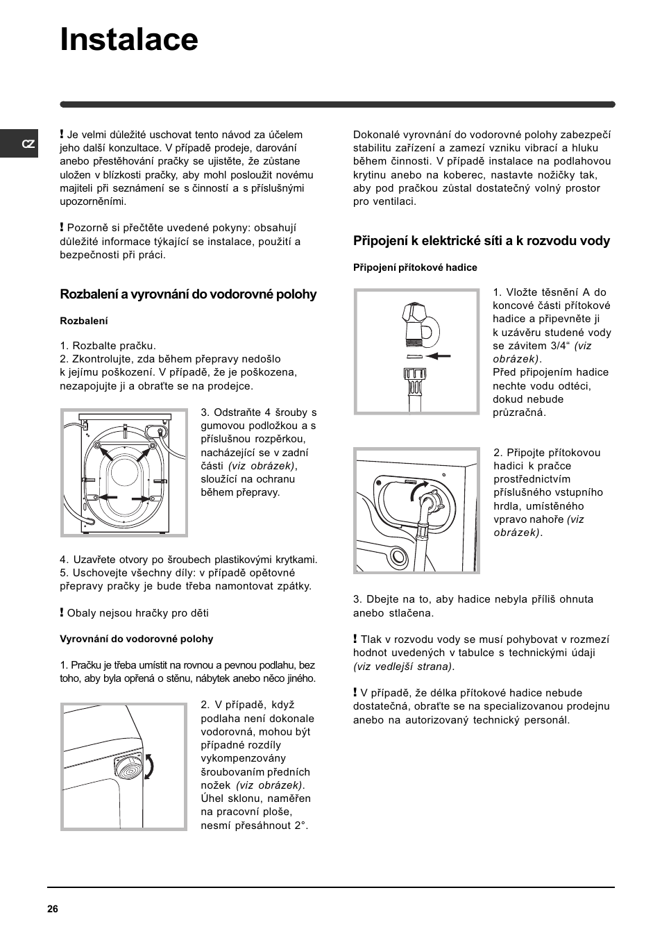 Instalace | Indesit WISE 107 X User Manual | Page 26 / 60