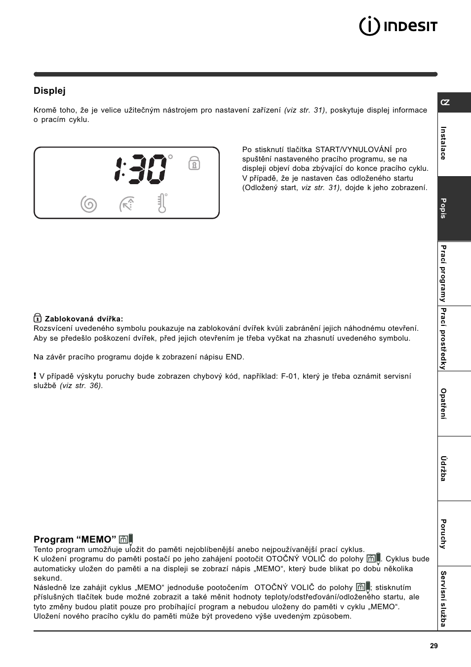 Displej | Indesit WISE 107 X User Manual | Page 29 / 60