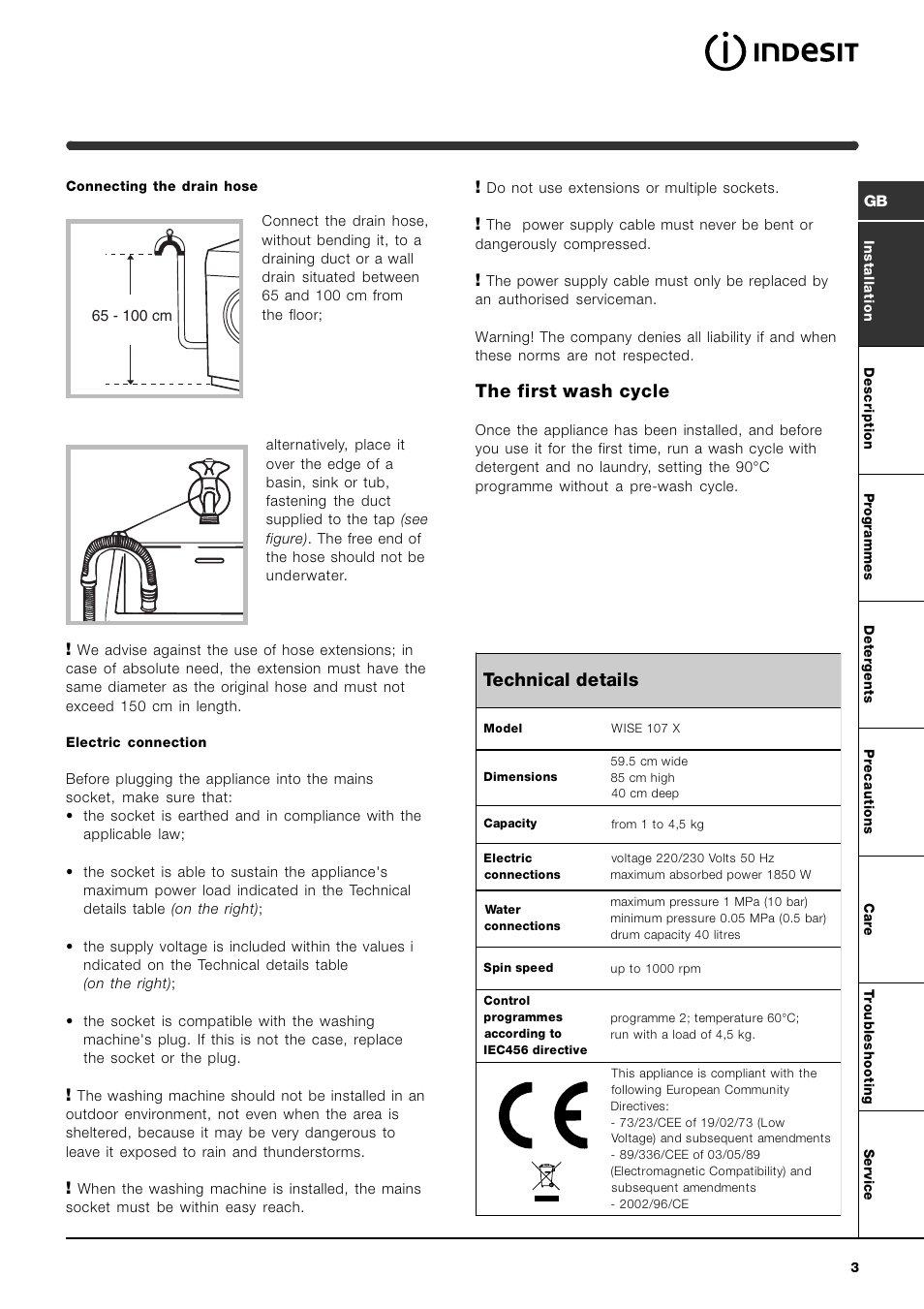 The first wash cycle, Technical details | Indesit WISE 107 X User Manual | Page 3 / 60
