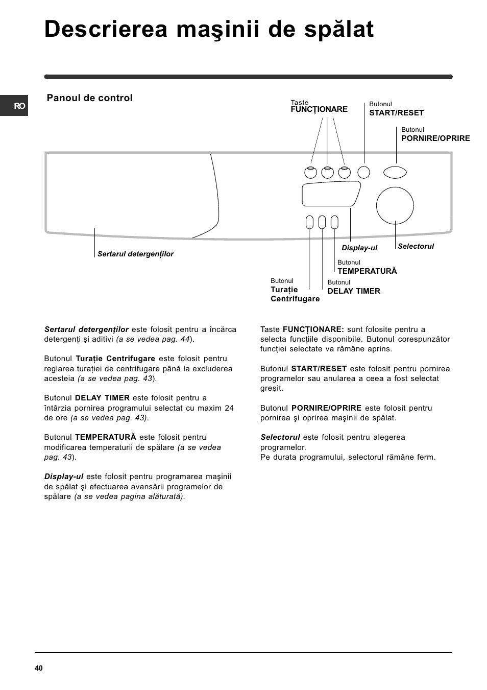 Descrierea maºinii de spãlat, Panoul de control | Indesit WISE 107 X User Manual | Page 40 / 60