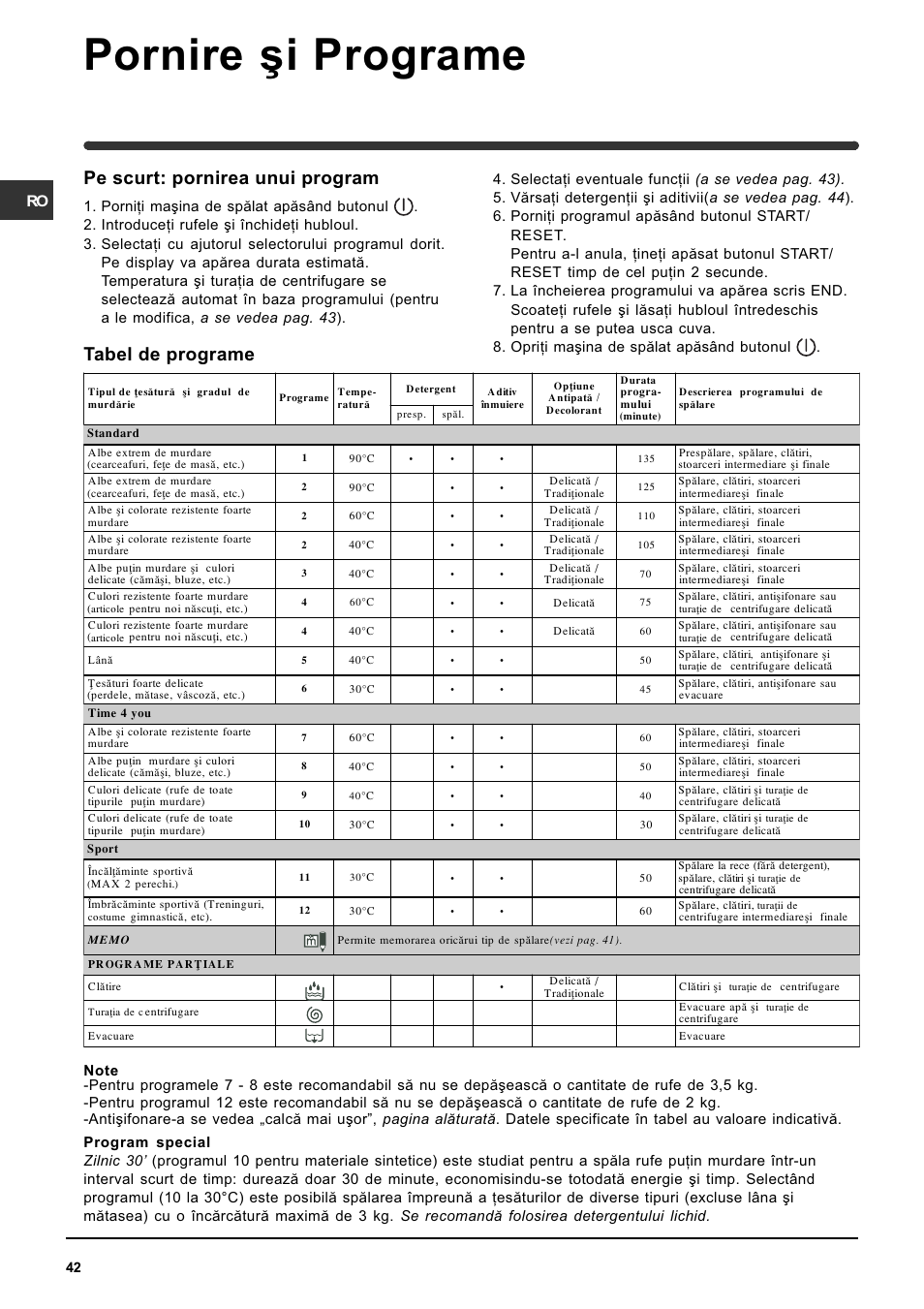 Pornire ºi programe, Tabel de programe pe scurt: pornirea unui program | Indesit WISE 107 X User Manual | Page 42 / 60