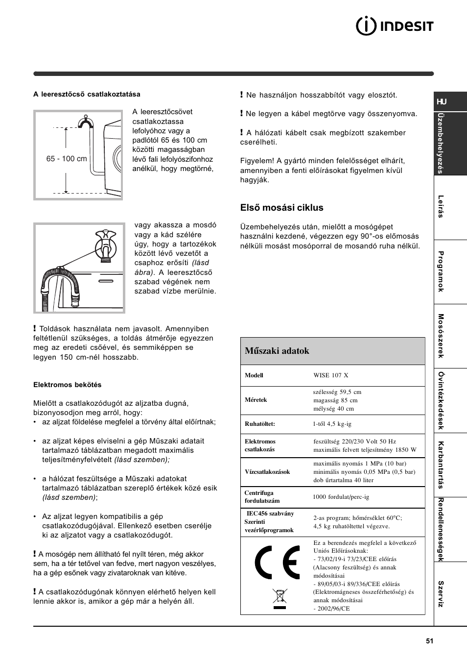 Elsõ mosási ciklus, Mûszaki adatok | Indesit WISE 107 X User Manual | Page 51 / 60