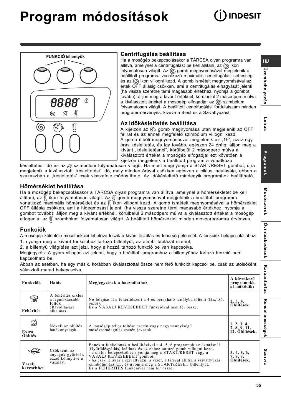 Program módosítások, Centrifugálás beállítása, Az idõkésleltetés beállítása | Hõmérséklet beállítása, Funkciók | Indesit WISE 107 X User Manual | Page 55 / 60