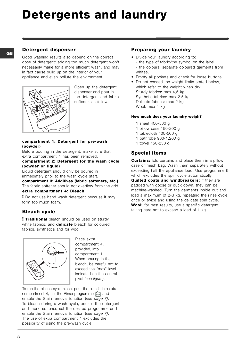 Detergents and laundry | Indesit WISE 107 X User Manual | Page 8 / 60