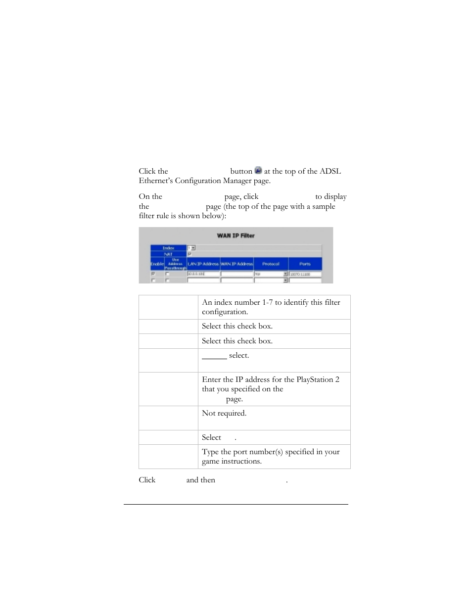 5 setting up a firewall filter for playstation® 2, Etting, Irewall | Ilter for, Tation, 5 setting up a firewall filter for playstation | Hayes Microcomputer Products ADSL Ethernet Modem User Manual | Page 29 / 91