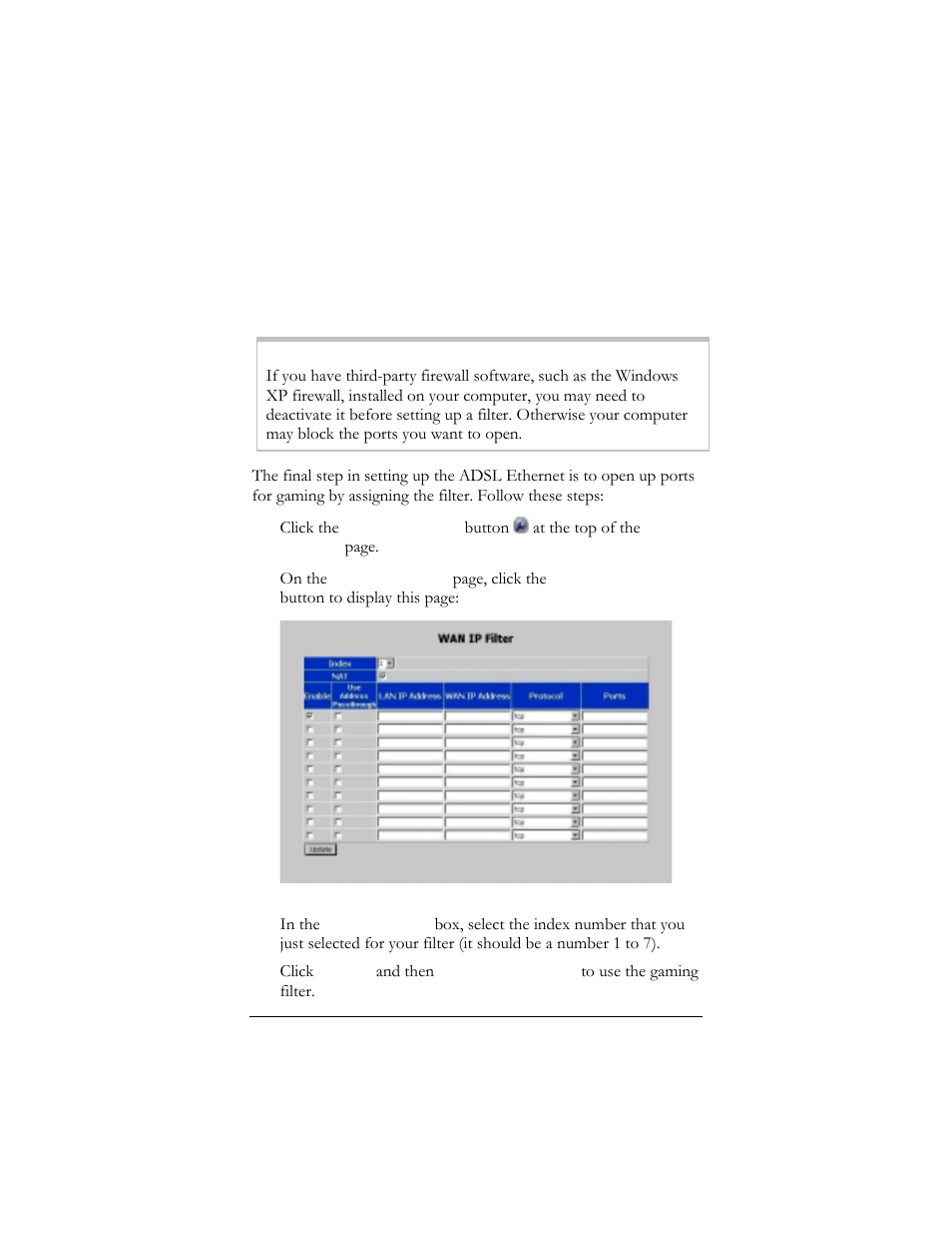 6 assigning the filter to your internet connection, Ssigning the, Ilter to | Nternet, Onnection | Hayes Microcomputer Products ADSL Ethernet Modem User Manual | Page 30 / 91