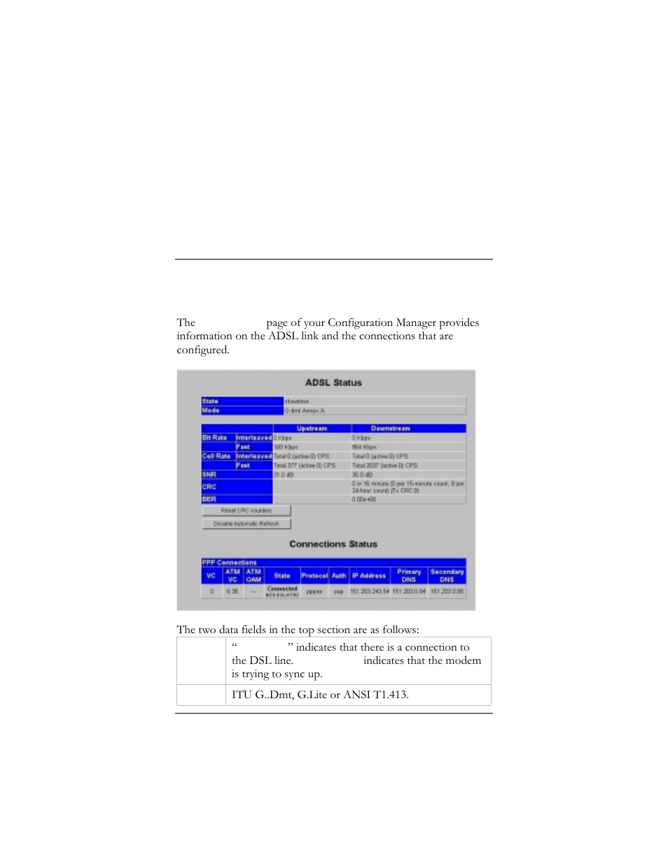1 adsl status, Tatus, Onitoring | Adsl s, Status monitoring | Hayes Microcomputer Products ADSL Ethernet Modem User Manual | Page 65 / 91