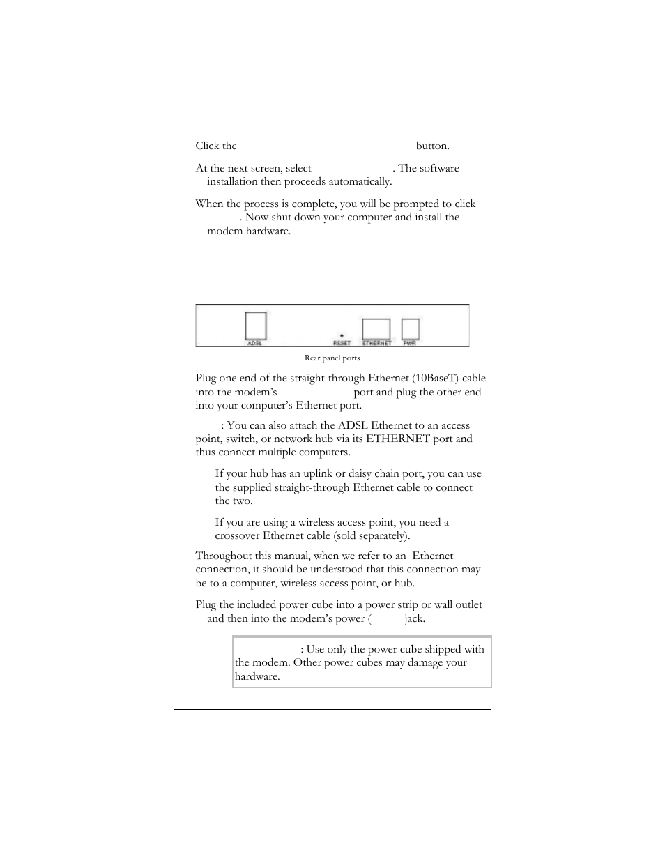 Step 2: installing the hardware | Hayes Microcomputer Products ADSL Ethernet Modem User Manual | Page 8 / 91