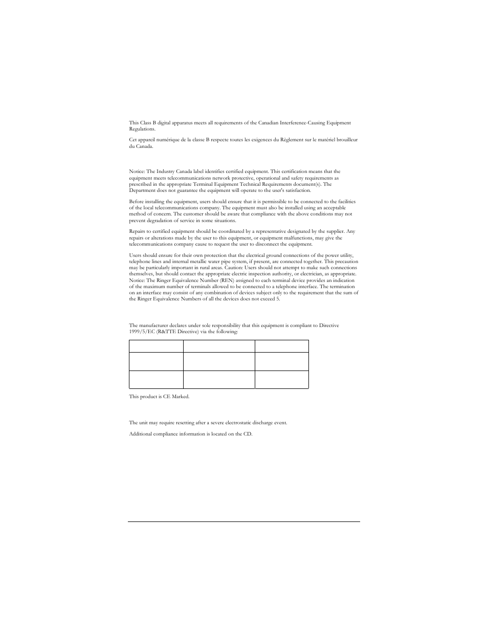 Industry canada emissions statement, Industry canada cs03 statement, Declaration of conformity | Electrostatic discharge statement | Hayes Microcomputer Products ADSL Ethernet Modem User Manual | Page 91 / 91