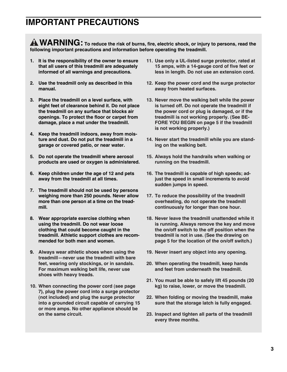 Warning, Important precautions | Healthrider HRTL08980 User Manual | Page 3 / 22