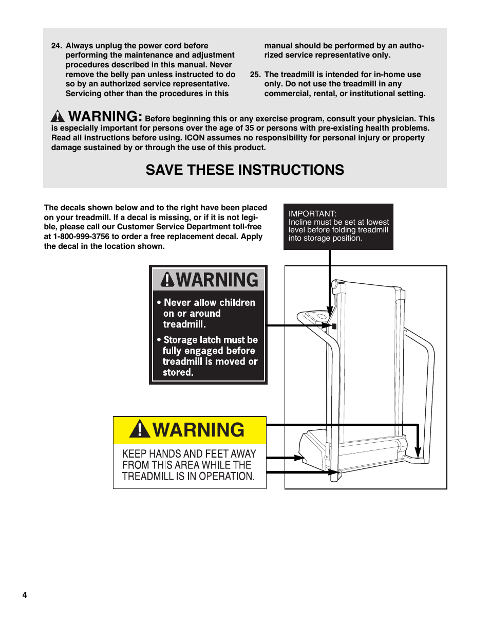 Warning, Save these instructions | Healthrider HRTL08980 User Manual | Page 4 / 22