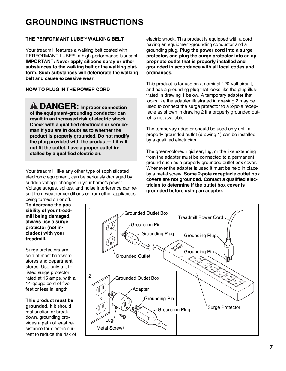 Grounding instructions, Danger | Healthrider HRTL08980 User Manual | Page 7 / 22