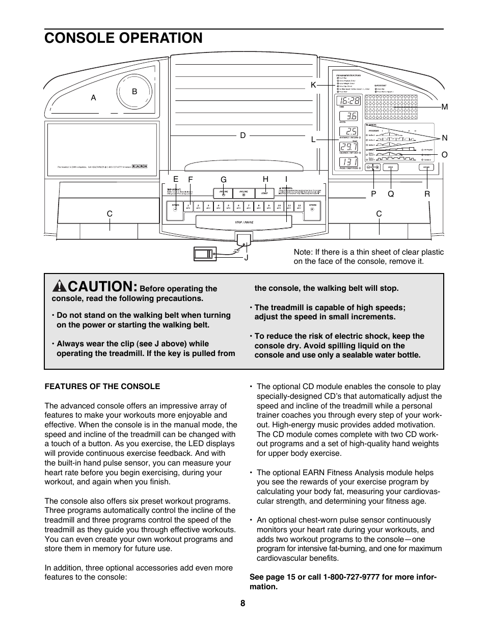 Console operation, Caution | Healthrider HRTL19980 User Manual | Page 8 / 26