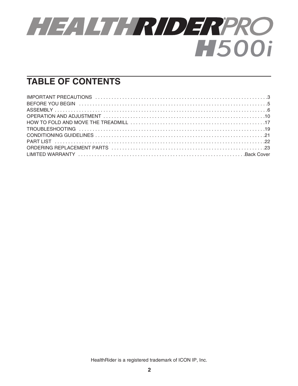 Healthrider PRO H500i HRTL71706.0 User Manual | Page 2 / 28