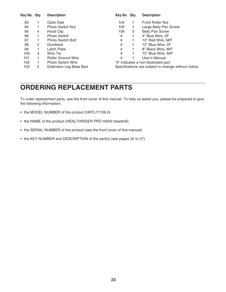 Ordering replacement parts | Healthrider PRO H500i HRTL71706.0 User Manual | Page 23 / 28