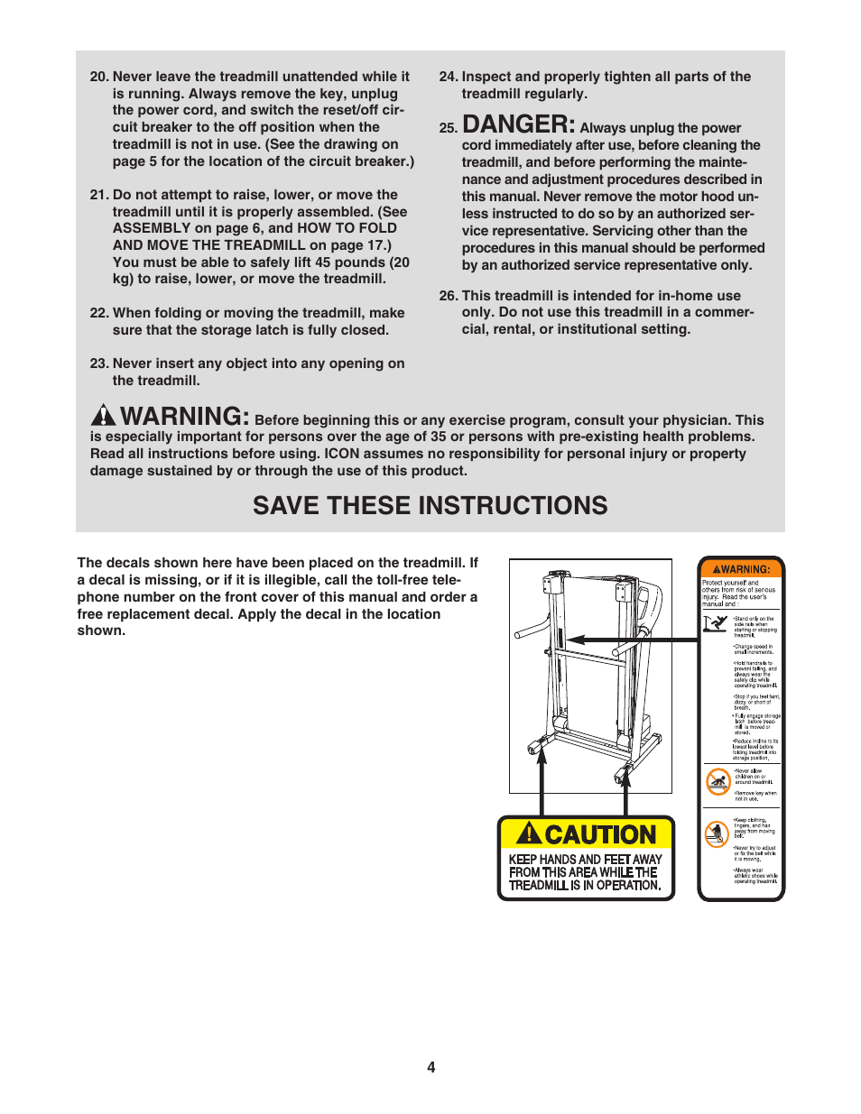 Danger, Warning, Save these instructions | Healthrider PRO H500i HRTL71706.0 User Manual | Page 4 / 28