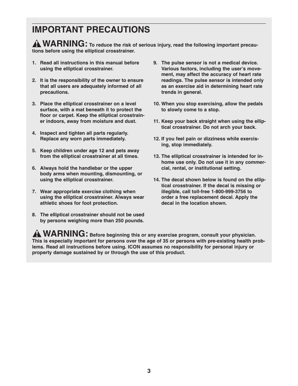 Warning, Important precautions warning | Healthrider HREL05983 User Manual | Page 3 / 20