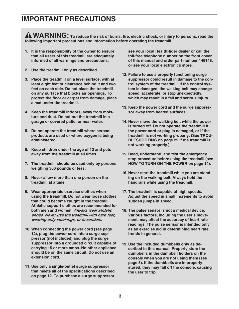 Warning, Important precautions | Healthrider HRTL61706.0 User Manual | Page 3 / 32