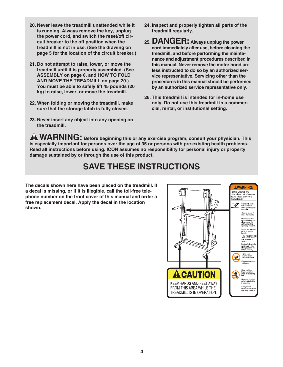 Danger, Warning, Save these instructions | Healthrider HRTL61706.0 User Manual | Page 4 / 32