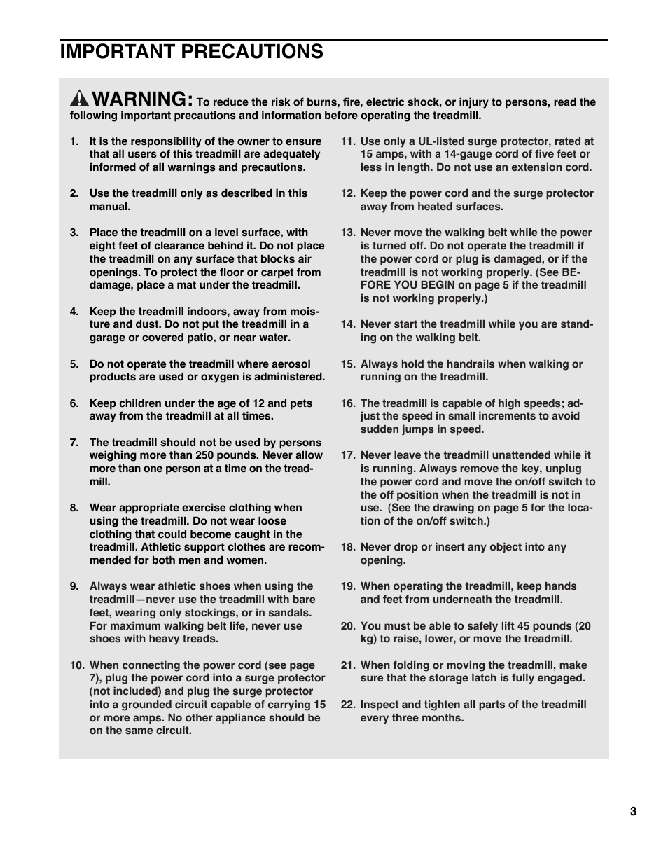 Warning, Important precautions | Healthrider HRTL10982 User Manual | Page 3 / 22