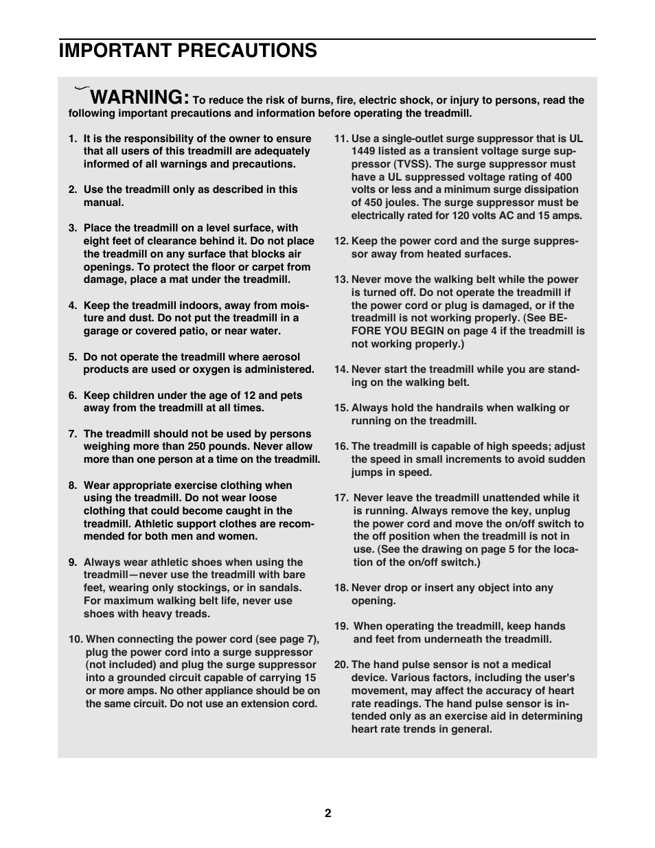 Warning, Important precautions | Healthrider 831.297872 User Manual | Page 2 / 22