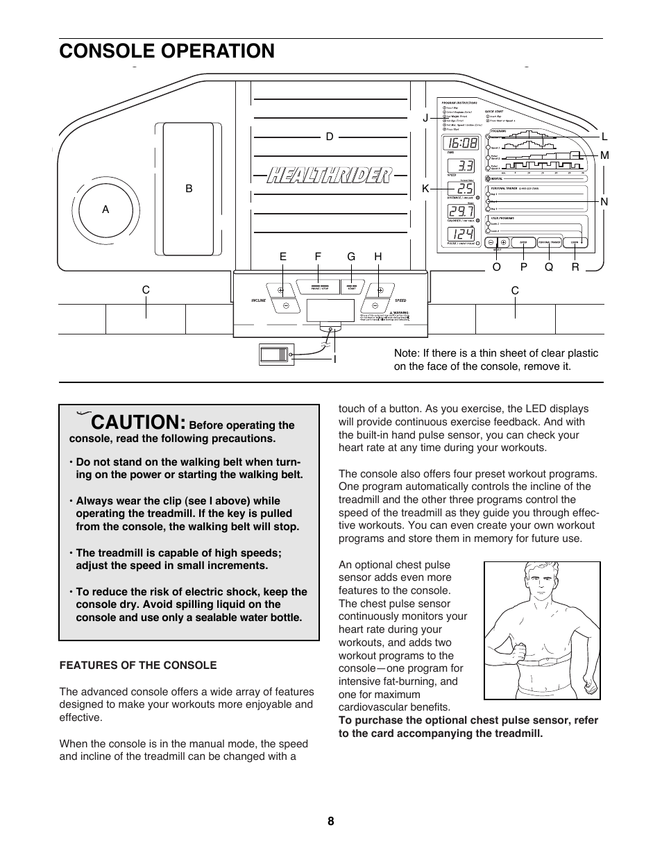 Console operation, Caution | Healthrider 831.297872 User Manual | Page 8 / 22