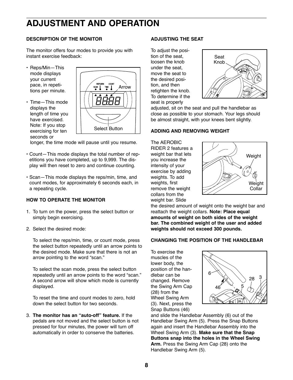 Adjustment and operation | Healthrider HRCR28720 User Manual | Page 8 / 16