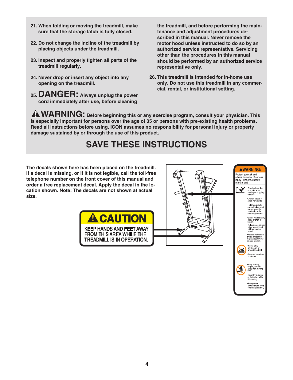 Danger, Warning, Save these instructions | Healthrider HRTL34306.1 User Manual | Page 4 / 28