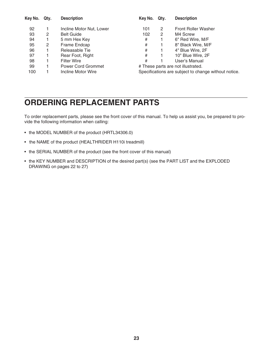 Ordering replacement parts | Healthrider H110i HRTL34306.0 User Manual | Page 23 / 28