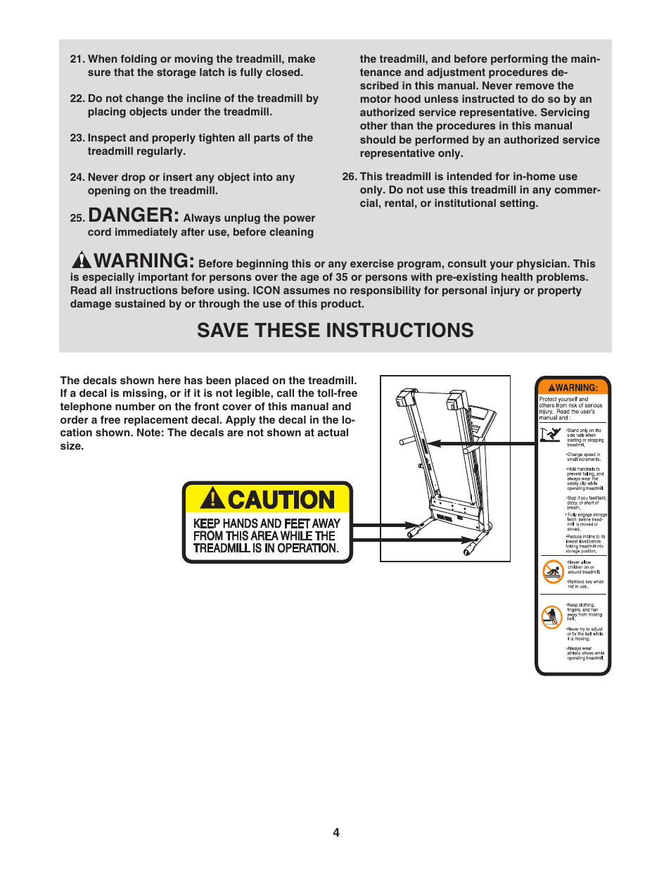 Danger, Warning, Save these instructions | Healthrider H110i HRTL34306.0 User Manual | Page 4 / 28