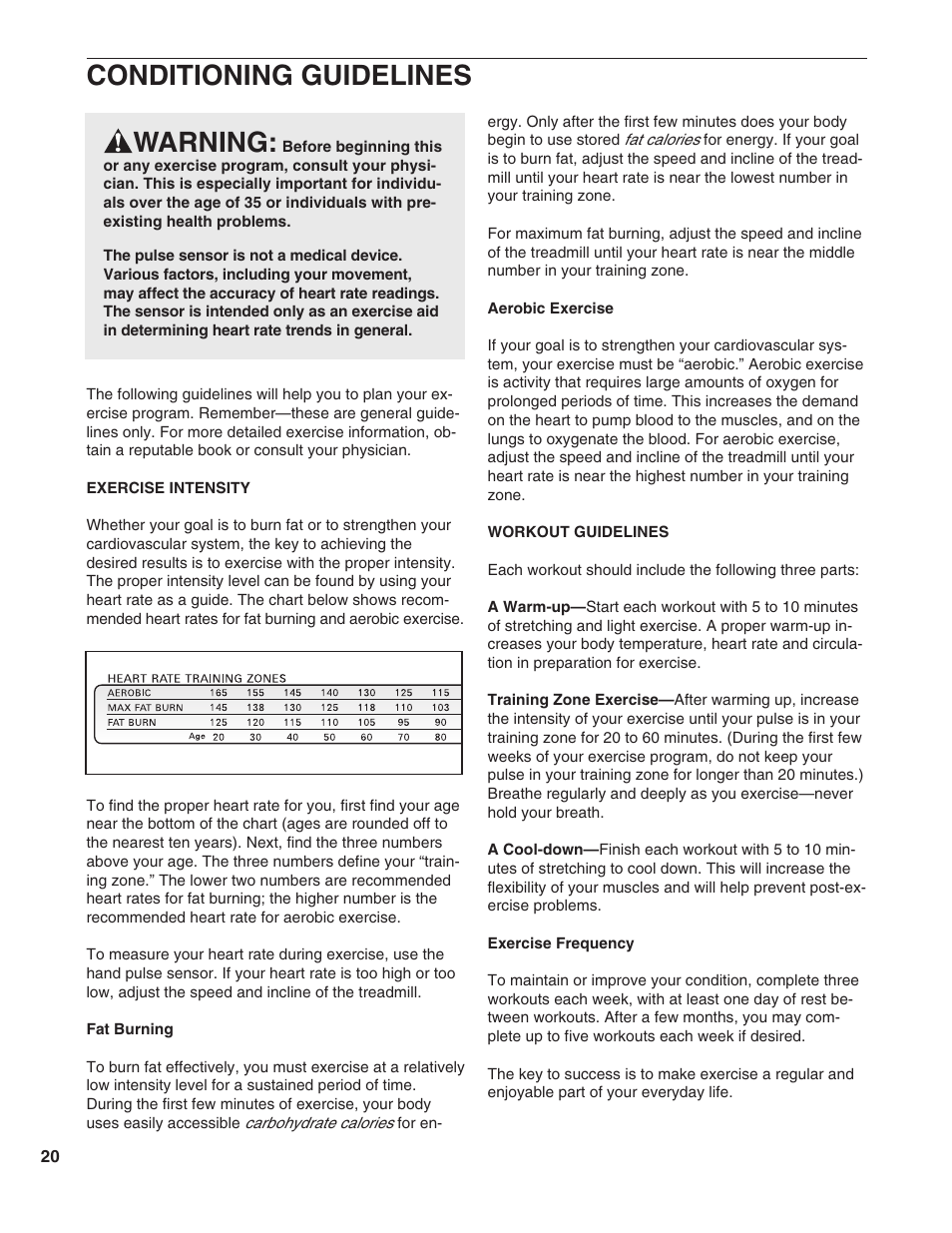 Conditioning guidelines warning | Healthrider HRTL17981 User Manual | Page 20 / 26