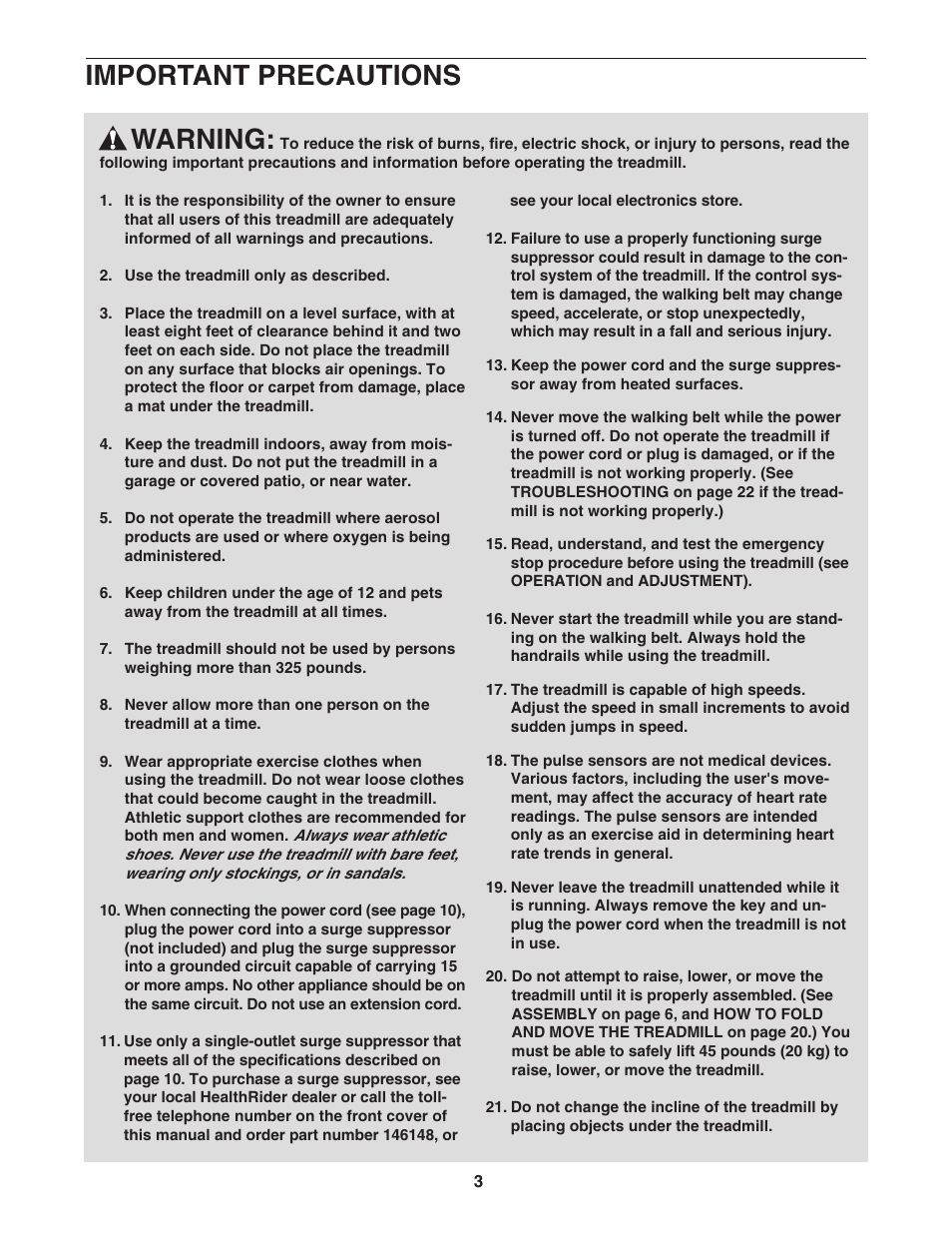 Warning, Important precautions | Healthrider HRTL77105 User Manual | Page 3 / 30