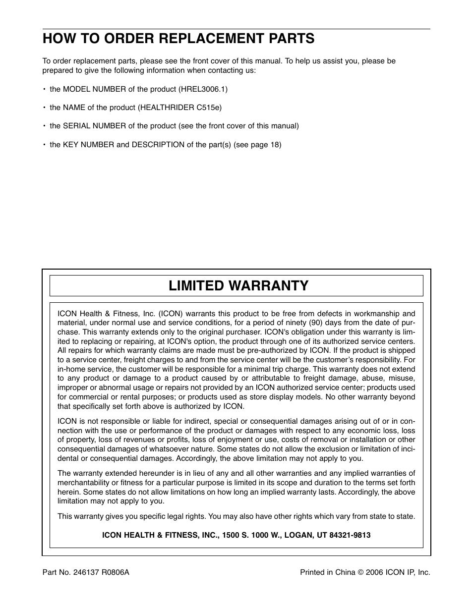 How to order replacement parts, Limited warranty | Healthrider C515e HREL3006.1 User Manual | Page 20 / 20