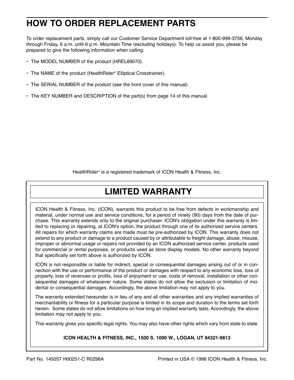 How to order replacement parts, Limited warranty | Healthrider HREL89070 User Manual | Page 16 / 16