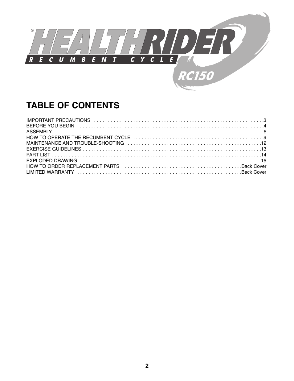 Healthrider RC150 HREX04980 User Manual | Page 2 / 16