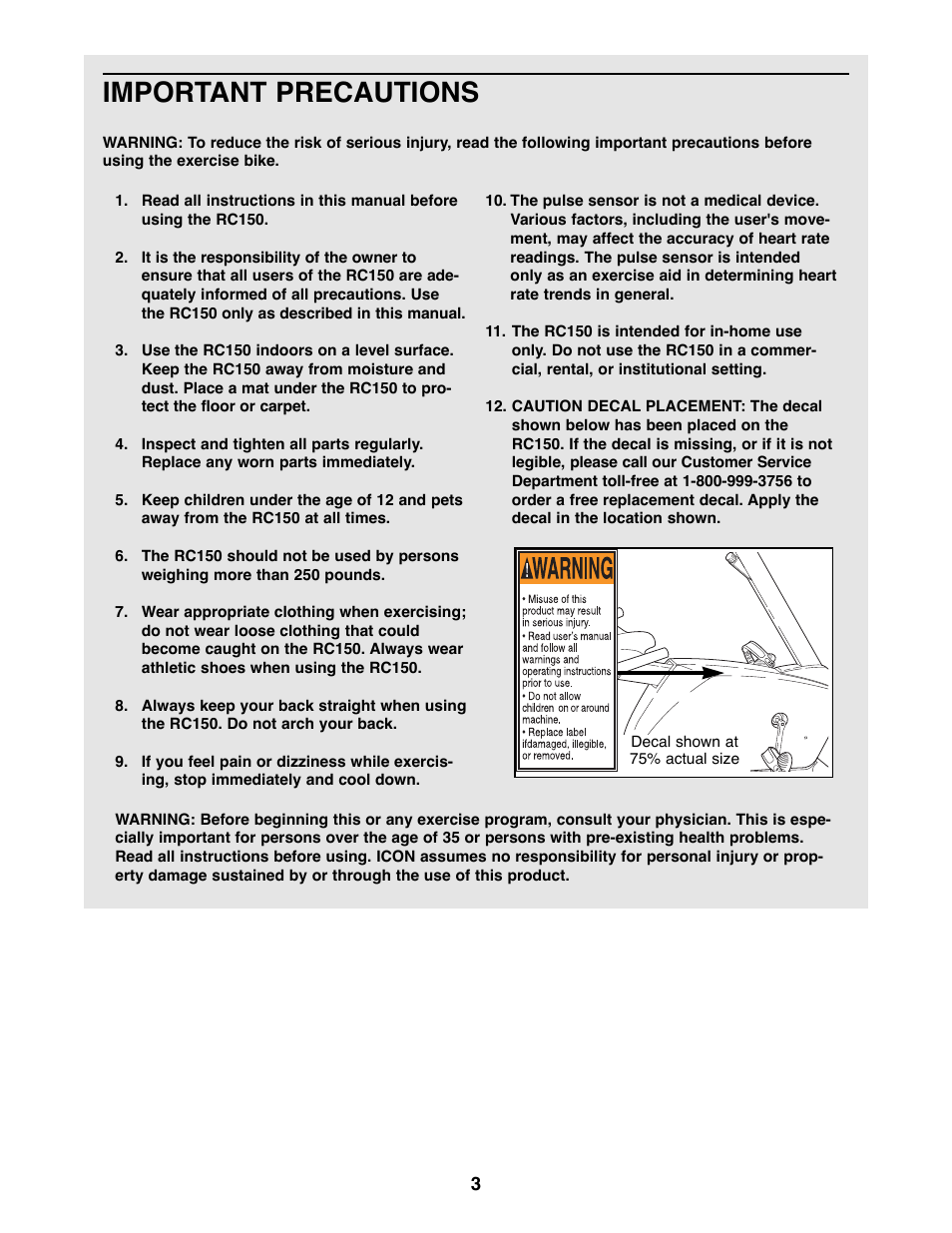 Important precautions | Healthrider RC150 HREX04980 User Manual | Page 3 / 16