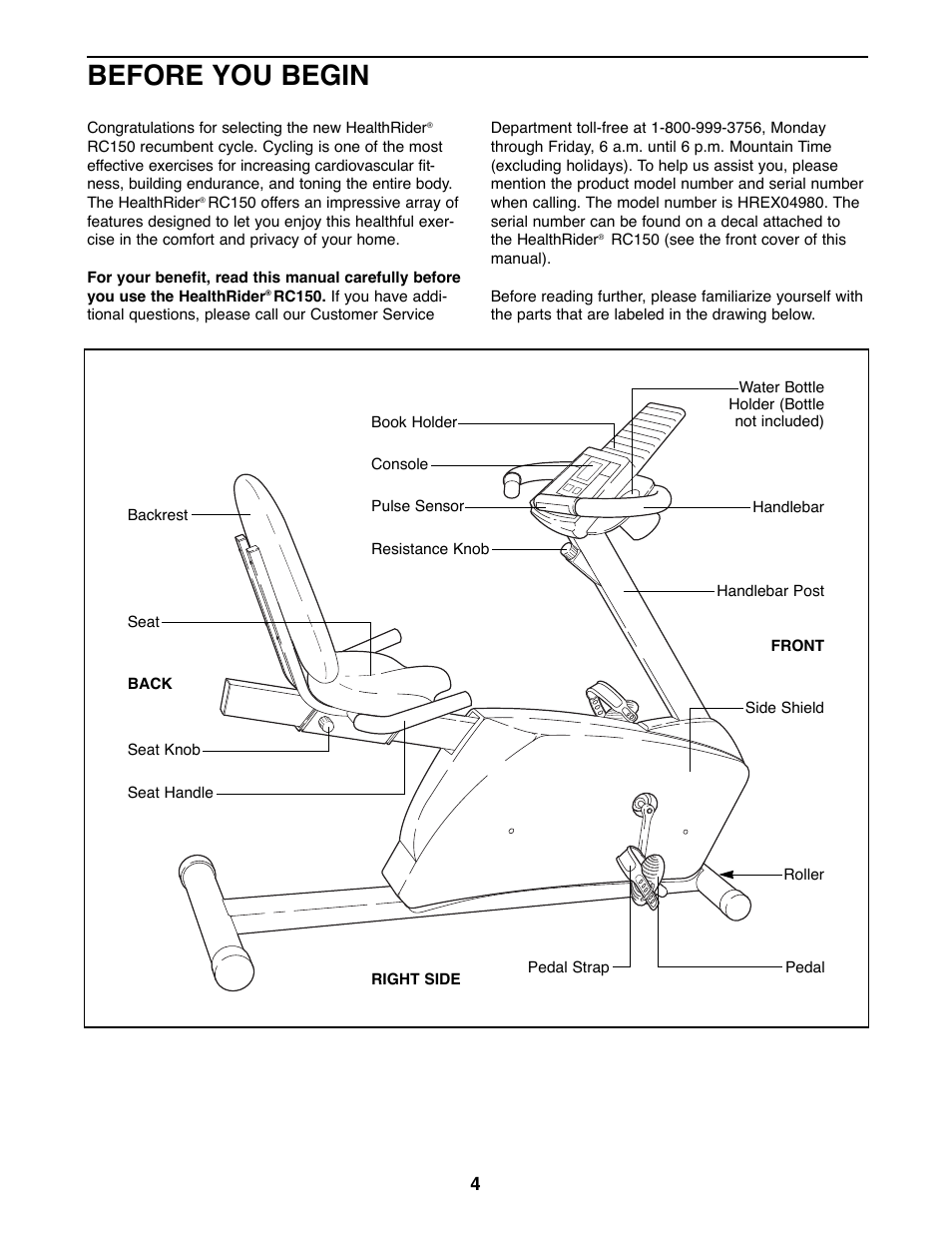 Before you begin | Healthrider RC150 HREX04980 User Manual | Page 4 / 16