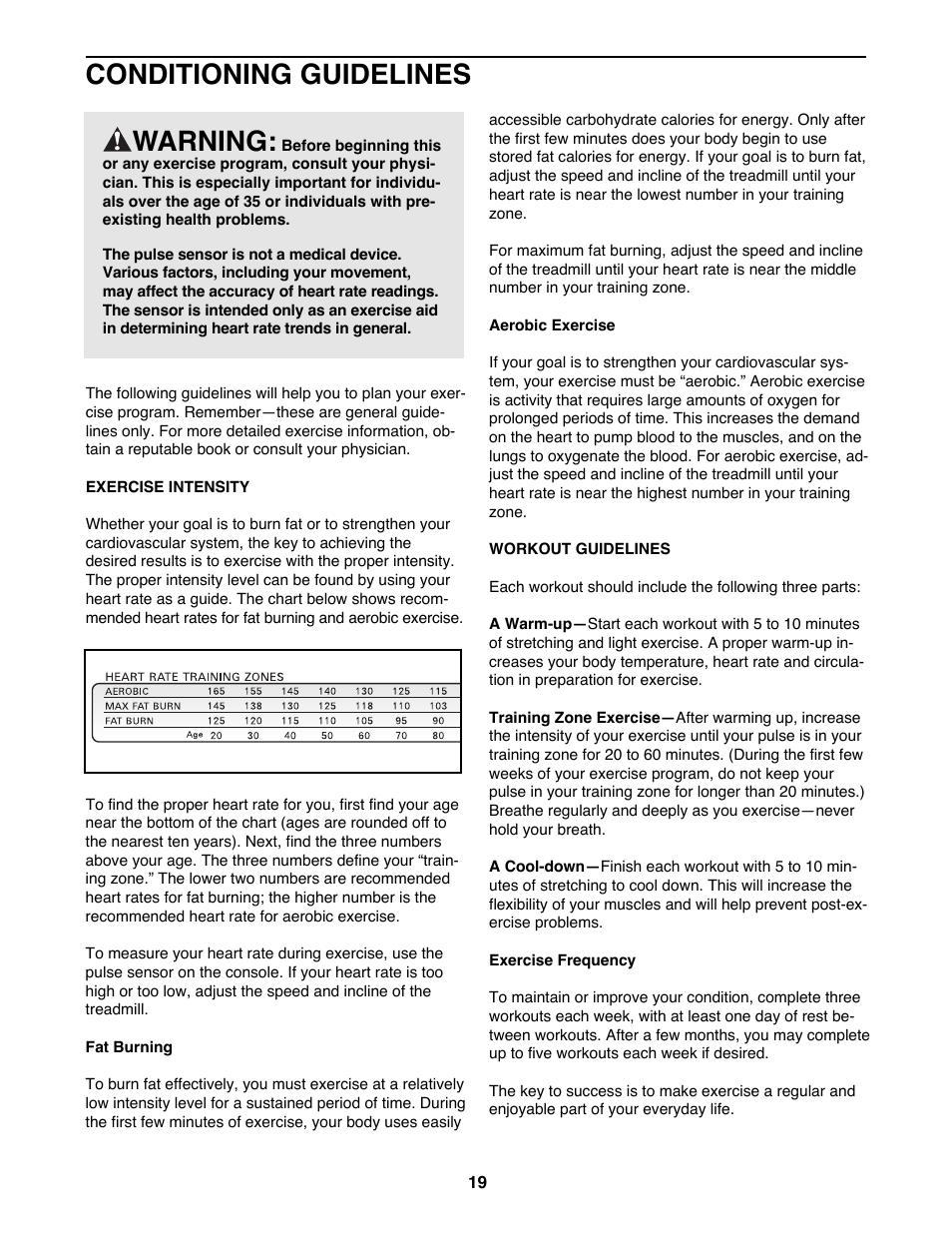 Conditioning guidelines warning | Healthrider HRTL14980 User Manual | Page 19 / 22