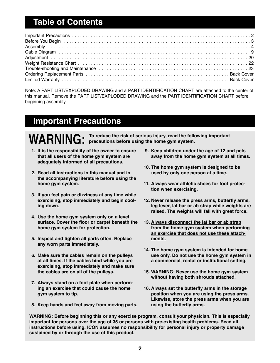 Warning, Table of contents important precautions | Healthrider HRSY23080 User Manual | Page 2 / 29