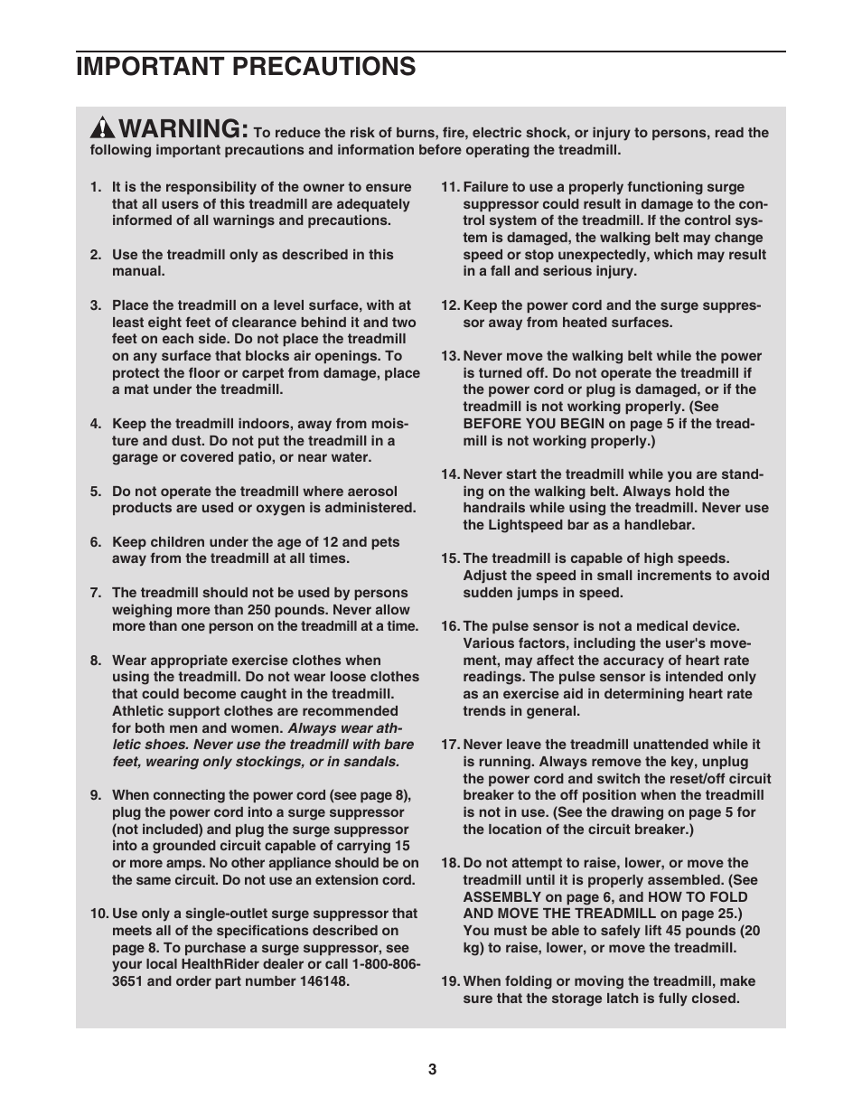 Warning, Important precautions | Healthrider HTL13940 User Manual | Page 3 / 34