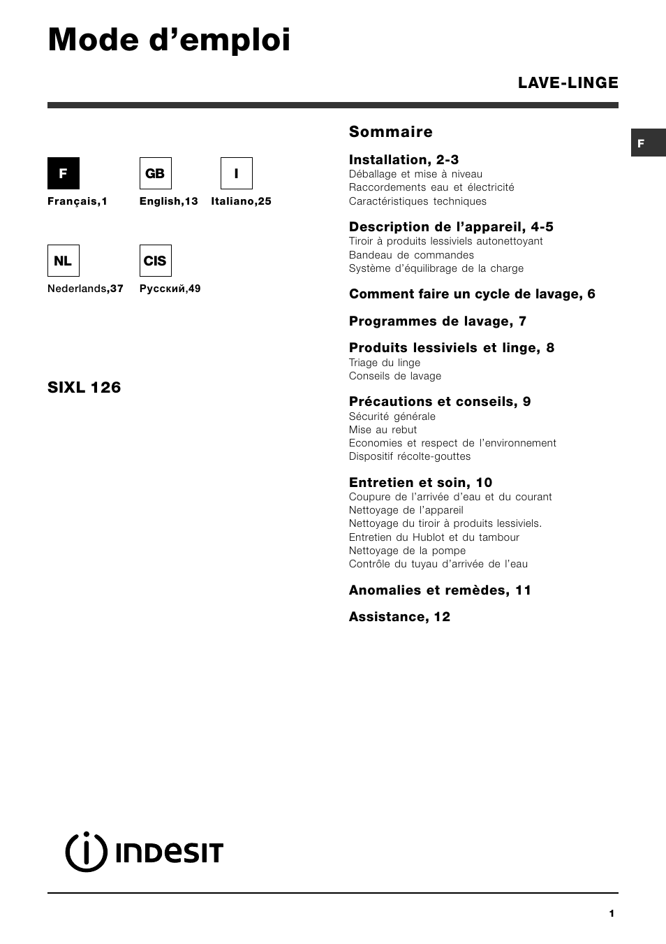 Indesit SIXL 126 User Manual | 60 pages