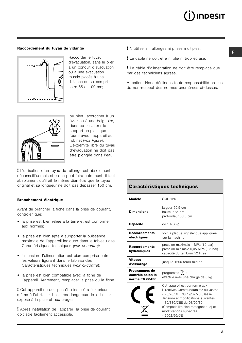 Caractéristiques techniques | Indesit SIXL 126 User Manual | Page 3 / 60