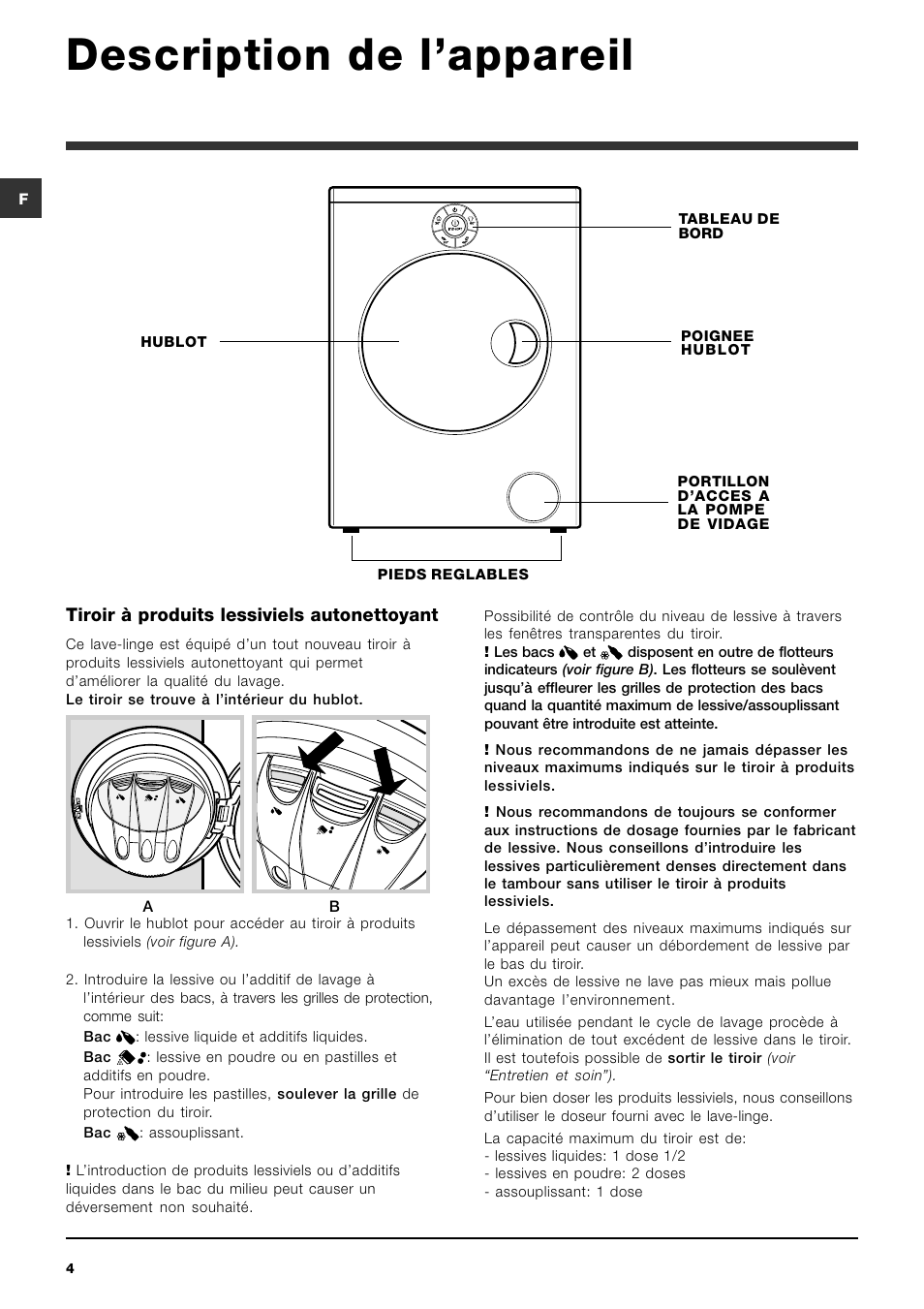 Description de lappareil, Tiroir à produits lessiviels autonettoyant | Indesit SIXL 126 User Manual | Page 4 / 60