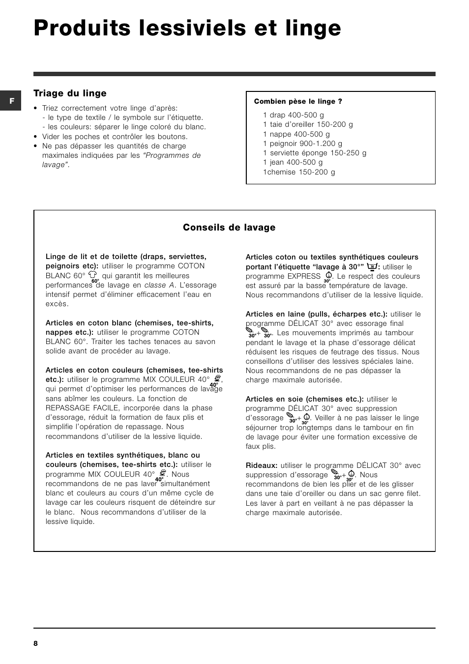 Produits lessiviels et linge, Conseils de lavage, Triage du linge | Indesit SIXL 126 User Manual | Page 8 / 60