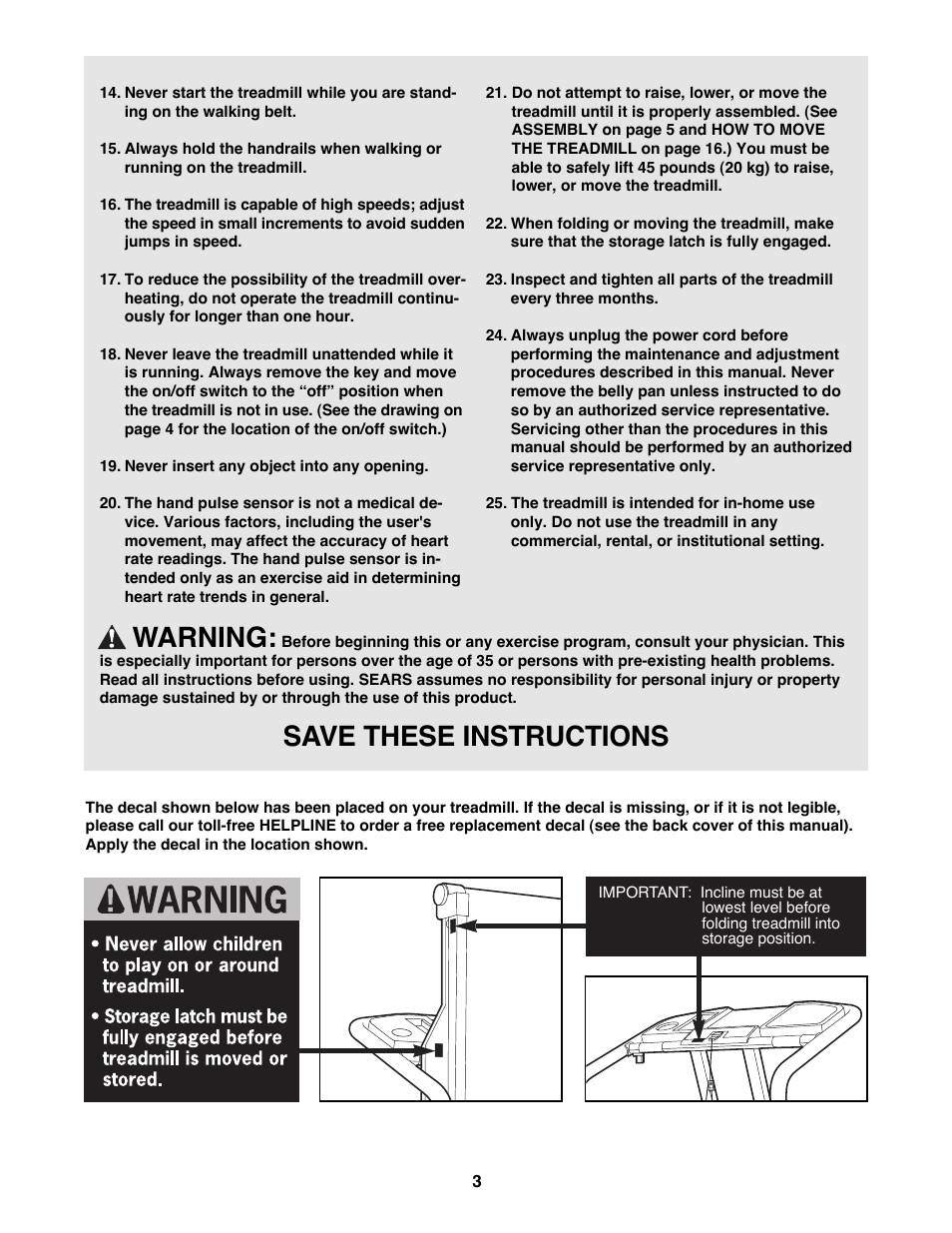 Warning, Save these instructions | Healthrider 831.297870 User Manual | Page 3 / 22